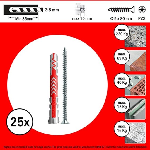 FISCHER kołki kołek DUOPOWER 8x65mm 25szt.+ WKRĘT