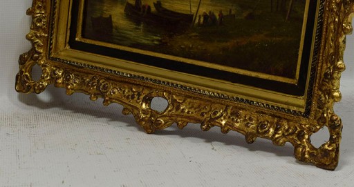 1876 ​​Старая картина Пейзаж с заливом и прачками, вывеска КПД Масло 53х39