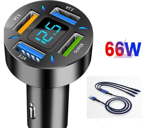 БЫСТРОЕ АВТОМОБИЛЬНОЕ ЗАРЯДНОЕ УСТРОЙСТВО 4xUSB 7A (3xQC) МОЩНЫЙ 66ВТ БЫСТРЫЙ КАБЕЛЬ 3-В-1