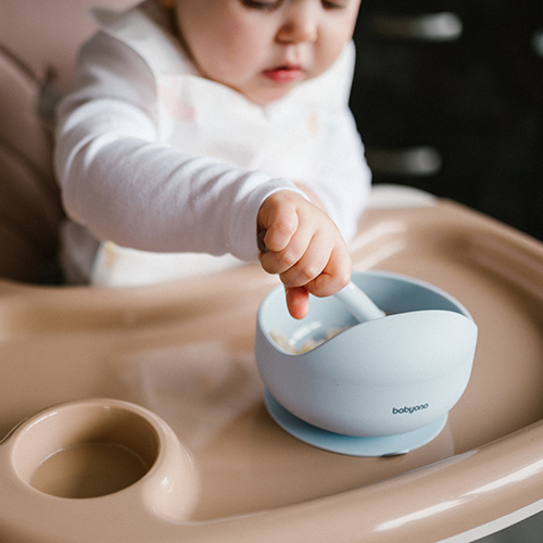 Komplet Talerzyk silikonowy z przyssawką + Miska 6m+ niebieski BabyOno