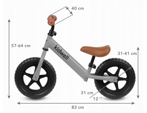 KIDWELL REBEL GREY БАЛАНСОВЫЙ ВЕЛОСИПЕД ЛЕГКИЕ РЕГУЛИРУЕМЫЕ КОЛЕСА 12, 80–120 см