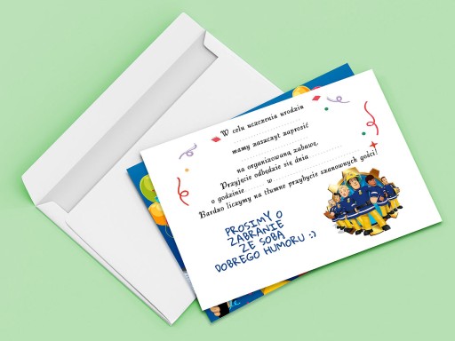 ZAPROSZENIA DLA DZIECI STRAŻAK SAM NA URODZINY DZIECKA + KOPERTY