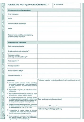 FORMULARZ PRZYJĘCIA ODPADÓW METALI 80 KARTEK DRUK