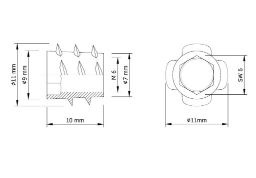Головка M6 x 10, деревянная гайка, ввинчивающийся ключ.