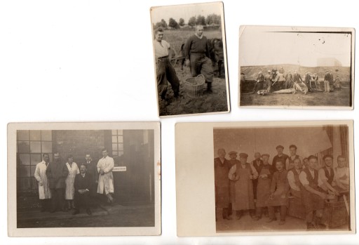Zestaw 4 fotografii - robotnik, rolnik, laboratorium lata 20-30