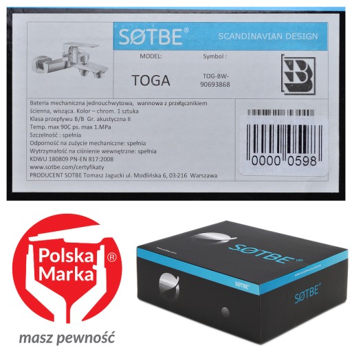 Настенный комплект смесителя для душа, шланга и насадки для душа SOTBE TOGA TOG-BW