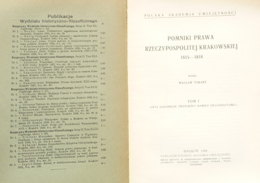 Памятники права Краковской Республики 1815-1818 гг. ВАЦЛАВ ТОКАРЗ Том I