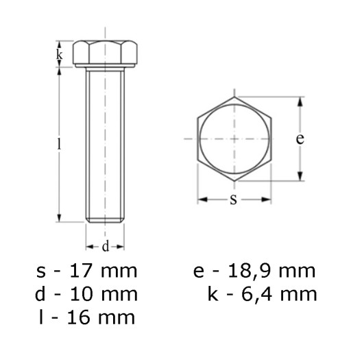 Śruba Nierdzewna A2 DIN 933 M10 x 16 - 10 sztuk