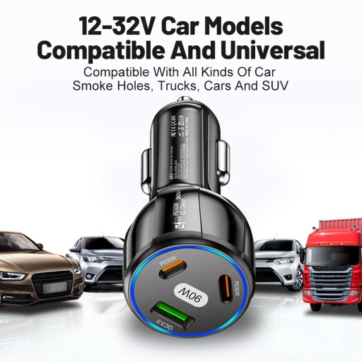 Автомобильное зарядное устройство USB 90 Вт, 3 порта PD Type C, адаптер для быстрой зарядки автомобильного телефона для IP