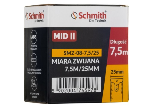 SCHMITH MIARA TAŚMA METRÓWKA MIARKA ZWIJANA 7,5m x 25mm MAGNES KARABIŃCZYK