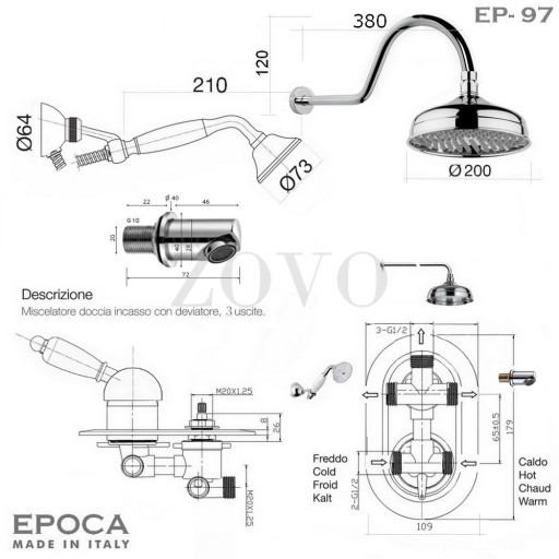 Набор для ванны с 3 направлениями EPOCA Retro, хром, фарфор. Скрытый. 4 шт. ЗОВО