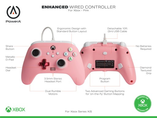 Проводная панель PowerA Xbox Series X|S|One, розовая