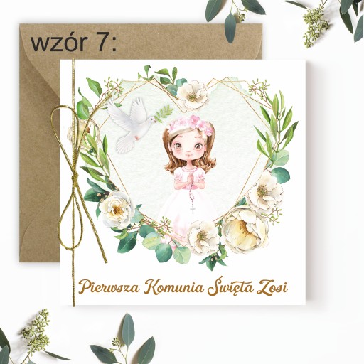 Zaproszenia na komunię + imię + koperta + sznurek