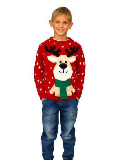 DZIECIĘCY SWETER Z RENIFEREM Z SZALIKIEM CZERWONY ŚWIĄTECZNE SWETERKI 6/7