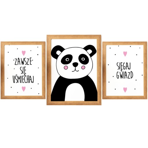 Panda Napisy Zestaw 3 szt Plakaty Dziecięce A3