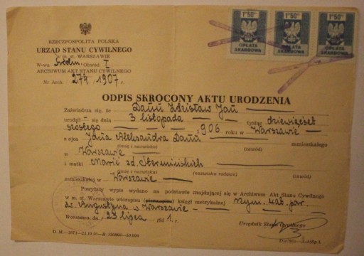 КРАТКАЯ КОПИЯ СВИДЕТЕЛЬСТВА О РОЖДЕНИИ - рожден. 3 ноября 1906 г., ВАРШАВА 23 июля 1951 г.