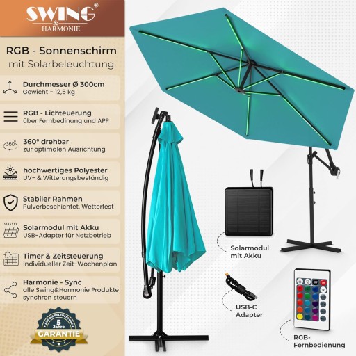 SWING & HARMONIE LUKSUSOWY PARASOL Ø350 LED Z OŚWIETLENIEM RGB TURKUSOWY