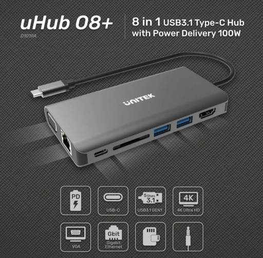 Unitek D1019A HUB 8w1 USB3.1 Typ-C z Power D 100W