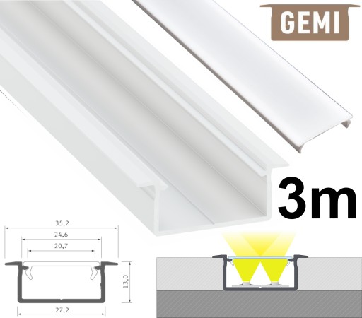 ПРОФИЛЬ ДЛЯ СВЕТОДИОДНЫХ ЛЕНТ ШИРОКИЙ ДЛЯ 2 СВЕТОДИОДНЫХ ЛЕНТ GEMI, БЕЛЫЙ 3М С ЛАМПОЙ