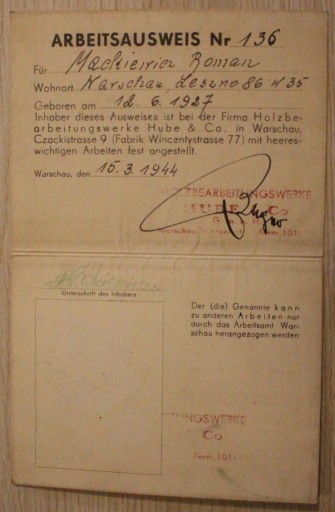 ARBEITSAUSWEIS - Варшау, дата 15.03.1944 ВАРШАВА, ИДЕНТИФИКАЦИЯ СОТРУДНИКА