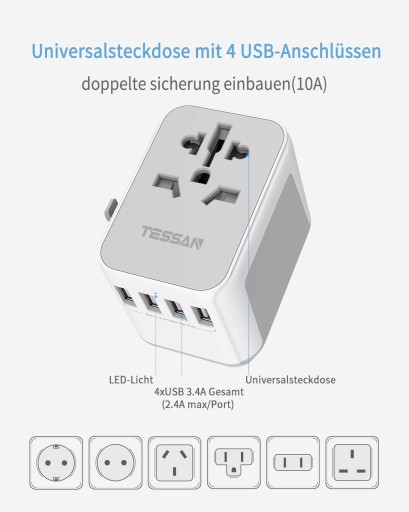 TESSAN 633F универсальный дорожный адаптер 1 AC 4 USB белый