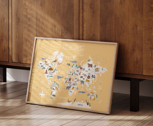 Plakat 40 x 50 cm Mapa Świata Zwierzęta Żółta Musztardowa Mapa dla dzieci