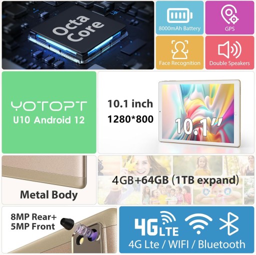 Планшет 10,1 дюйма, восьмиядерный процессор, 4 ГБ, 64 ГБ, Android 12.0, 4G LTE, Wi-Fi-клавиатура