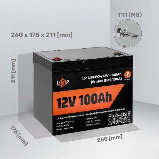 АККУМУЛЯТОР 12 В (12,8 В), 100 Ач, 1280 Втч SMART LP LIFEPO4 + BLUETOOTH ДЛЯ ИБП