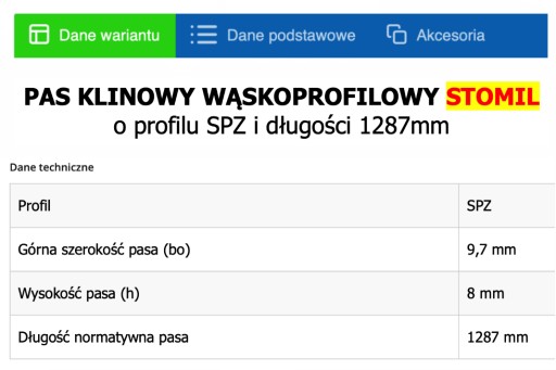 Pas klinowy SPZ 1287 Stomil Sanok