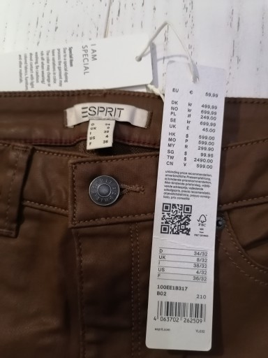 34/32 XS ESPRIT 100EE1B317 Spodnie slim fit damskie brązowe skóra skórzane