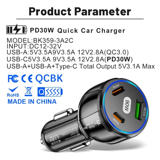 Автомобильное зарядное устройство USB 90 Вт, 3 порта PD Type C, адаптер для быстрой зарядки автомобильного телефона для IP