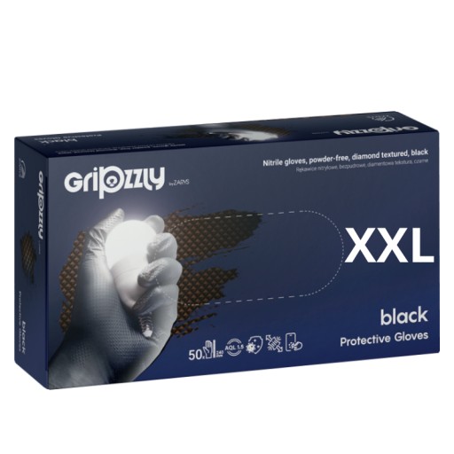 Rękawiczki NITRYLOWE AQL 1.5 czarne MOCNE GRIPZZLY ZARYS black r.XXL 50 szt