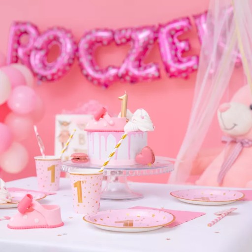Talerzyki papierowe 1 Urodziny talerze różowe w złote gwiazdki Roczek 6szt