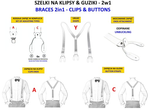 Szelki do spodni na guziki 2w1 GUMA SZARA + BIEL