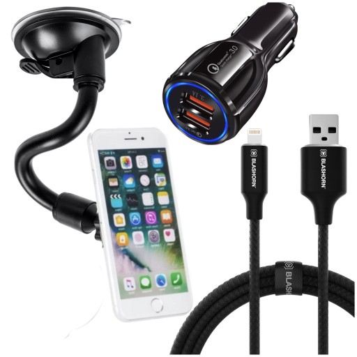 UCHWYT SAMOCHODU TELEFON KABEL DO IPHONE ŁADOWARKA