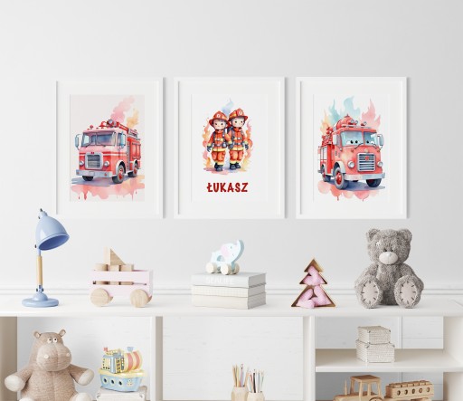3 OBRAZKI DO POKOJU DZIECIĘCEGO A3 PLAKATY STRAŻ POŻARNA BOHO PREZENT IMIE