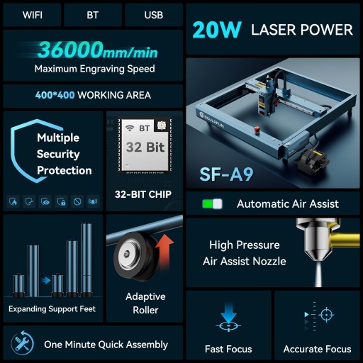 Grawer wycinarka laserowa nowa SCULPFUN SF-A9 20W-24W 400*400mm+PAD