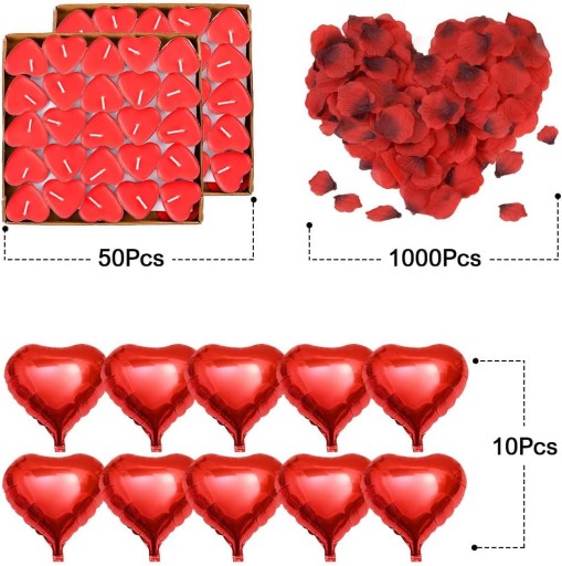 ZESTAW 1000 ROMANTYCZNY NA WALENTYNKI OKAZJE BALONY ŚWIECZKI PŁATKI RÓŻ