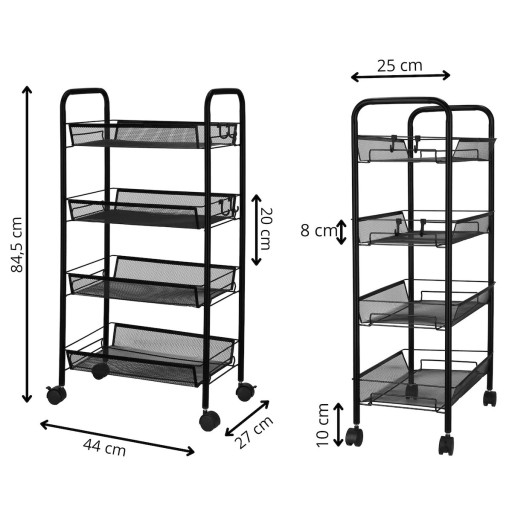 KUCHENNY REGAŁ NA KÓŁKACH CZARNY 4 PÓŁKI ŁAZIENKOWY LOFT METALOWY MOBILNY