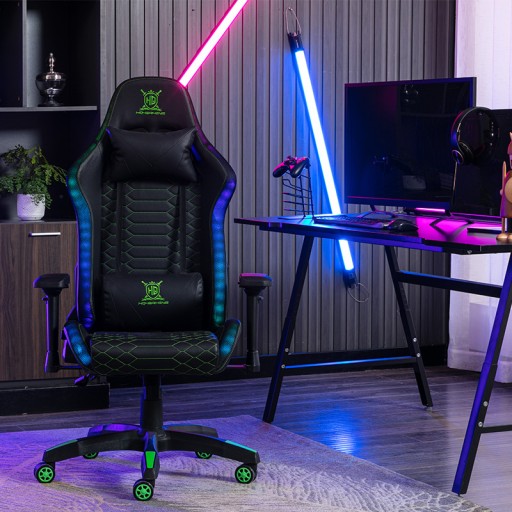 FOTEL GAMINGOWY DLA GRACZA OBROTOWY PODNÓŻEK PODUSZKI RGB LED + PILOT