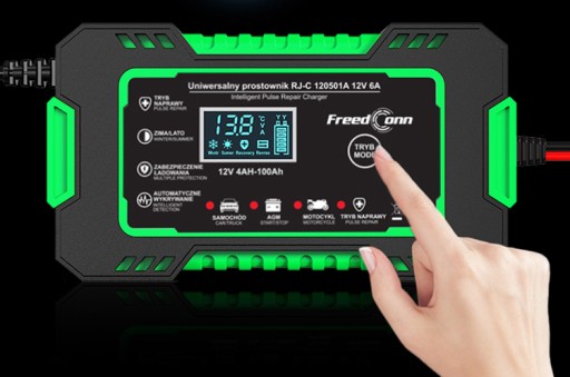 МОЩНЫЙ АВТОМОБИЛЬНЫЙ ПРЕОБРАЗОВАТЕЛЬ FREEDCONN ДЛЯ АККУМУЛЯТОРА 6 А, 12 В. С польскими субтитрами