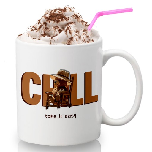 Белая кружка в подарок Мишки Тедди Выкройка CHILL TAKE IT EASY