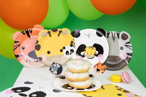 Talerzyki zwierzątka safari papierowe tygrys żyrafa zebra panda urodziny x4