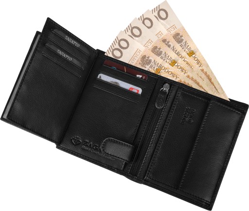 Portfel męski skórzany pionowy czarny klasyczny ochrona kart RFID ZAGATTO
