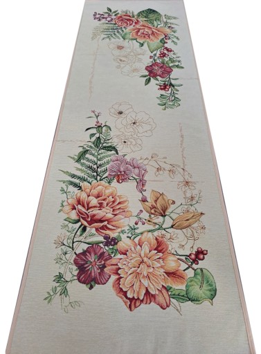 Bieżnik gobelinowy w kwiaty 47x140 cm beżowy
