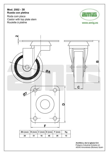 Колесо мебельное резиновое GREY 2502-30 Amig 30мм