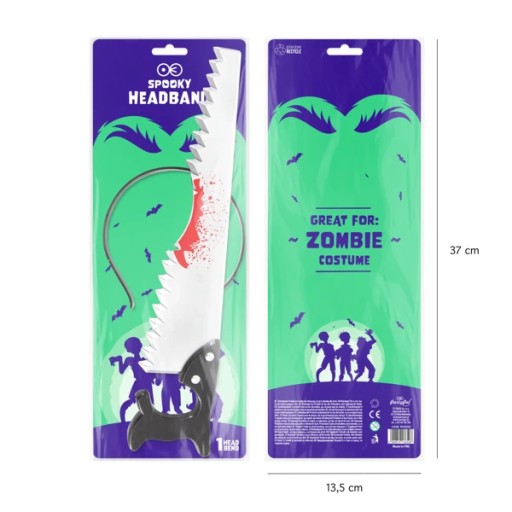 PRZEBRANIE HALLOWEEN OPASKA PIŁA w GŁOWIE STRASZNY STRÓJ DODATKI 36cm 1szt