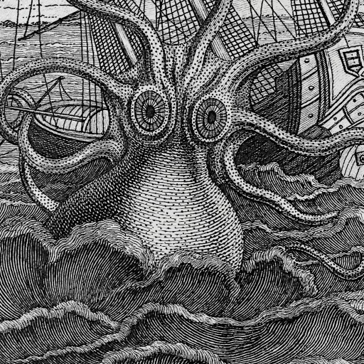 KRAKEN i STATEK stara grafika PLAKAT vintage A3