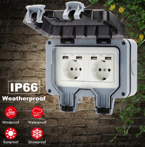 IP66 16A Водонепроницаемая электрическая розетка с USB
