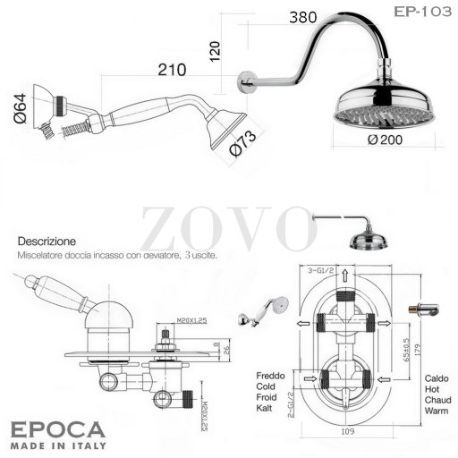 EPOCA Zestaw Wannowy Retro 3-drogowy, Chrom, Porcelana. Podtynk. 3 el. ZOVO